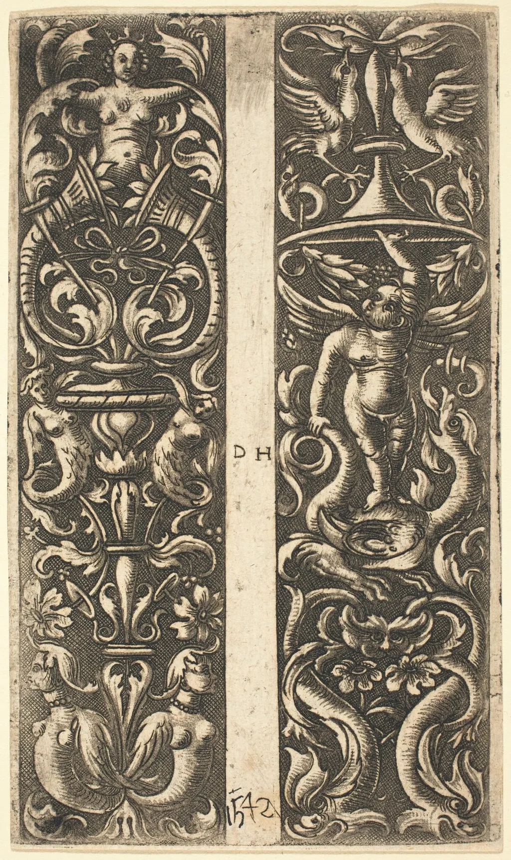 Ornament with Sirens and Ornament with Genius, by Daniel Hopfer, ink, 1520