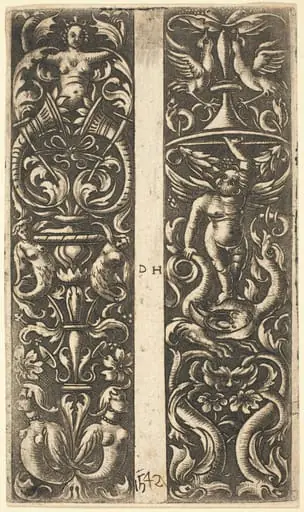 Ornament with Sirens and Ornament with Genius, by Daniel Hopfer