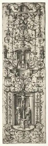 Ornamental fillet with the crucifixion and the virgin and child, by Daniel Hopfer