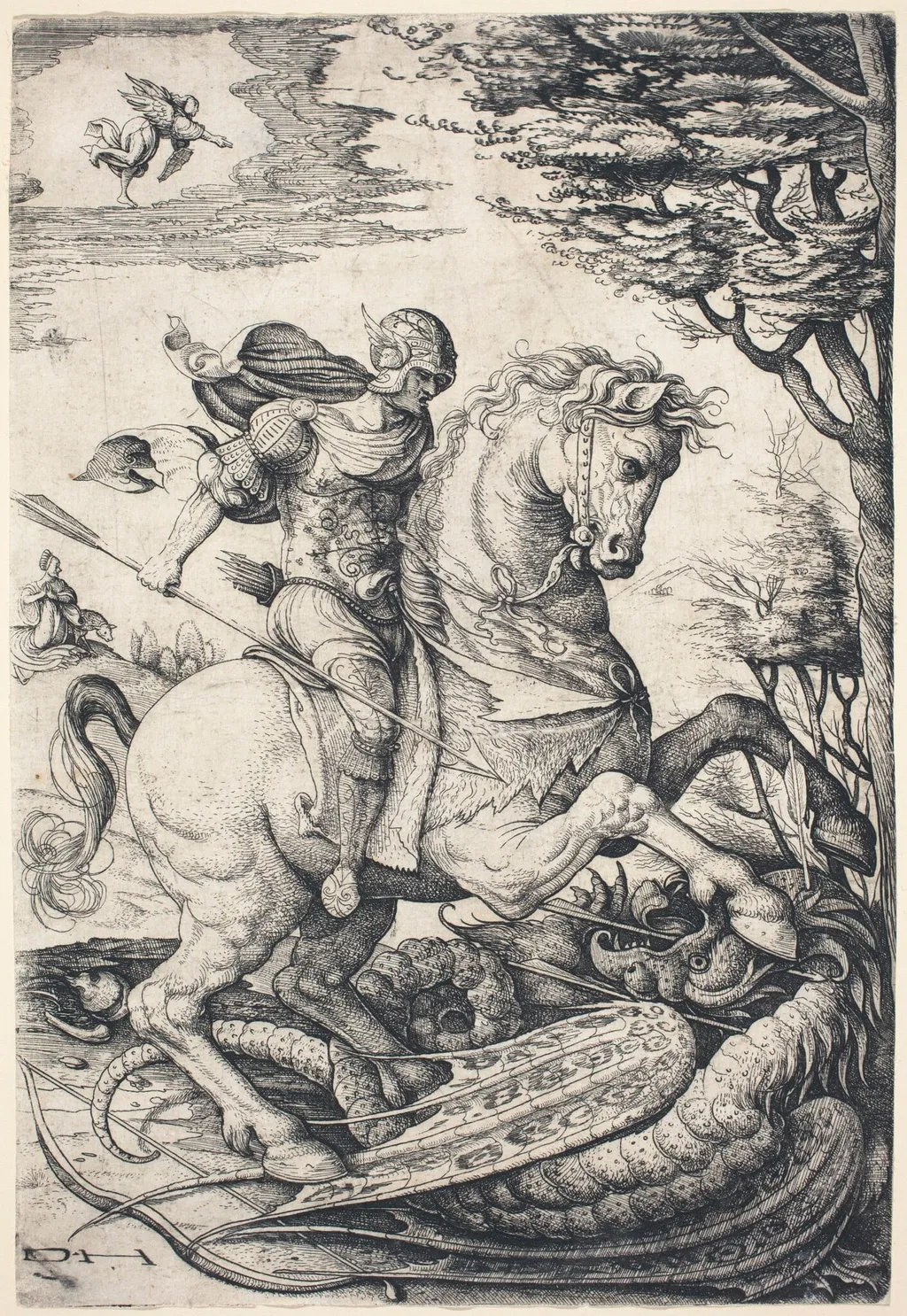 Saint George on Horseback Slaying the Dragon, by Daniel Hopfer, ink, 1520