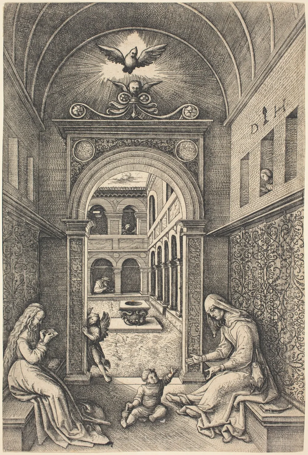 The Virgin and Child with Saint Anne by a Portal, by Daniel Hopfer, ink, 1524