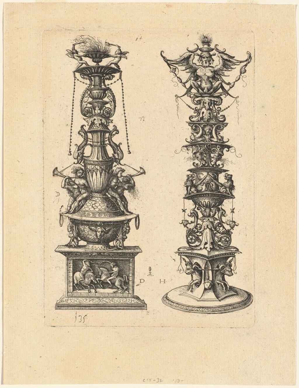 Two Candelabrum Designs, by Daniel Hopfer, ink, 1530
