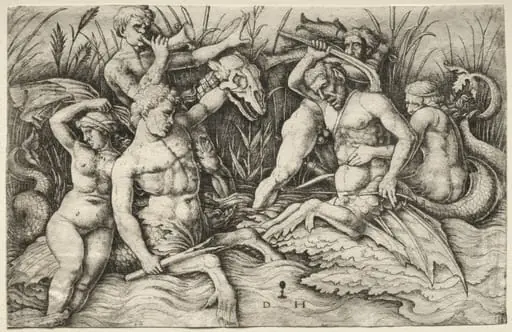 Two Tritons fighting - Battle of the Sea Gods (right portion), by Daniel Hopfer
