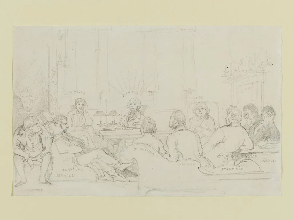 Charles Dickens reading 'The Chimes' to his friends in John Foster's chambers, by Daniel Maclise, 1844
