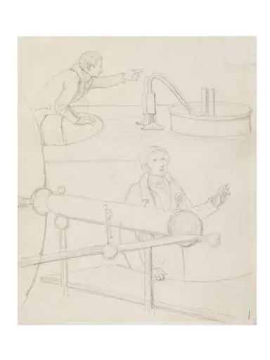 Sketch of two men with large machinery, by Daniel Maclise
