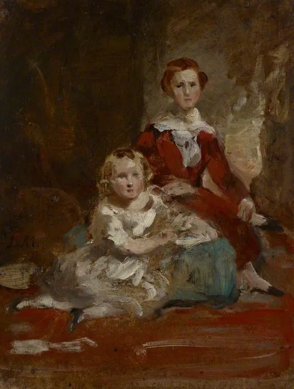 A Portrait Study of Two Children in a Landscape (Reverse: Study of a Young Man in an Interior), by Daniel Macnee, unspecified, 1854