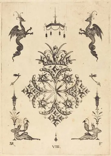 Brooch with Fantasy Animals at Top and Fauns with Vases at Bottom, by Daniel Mignot
