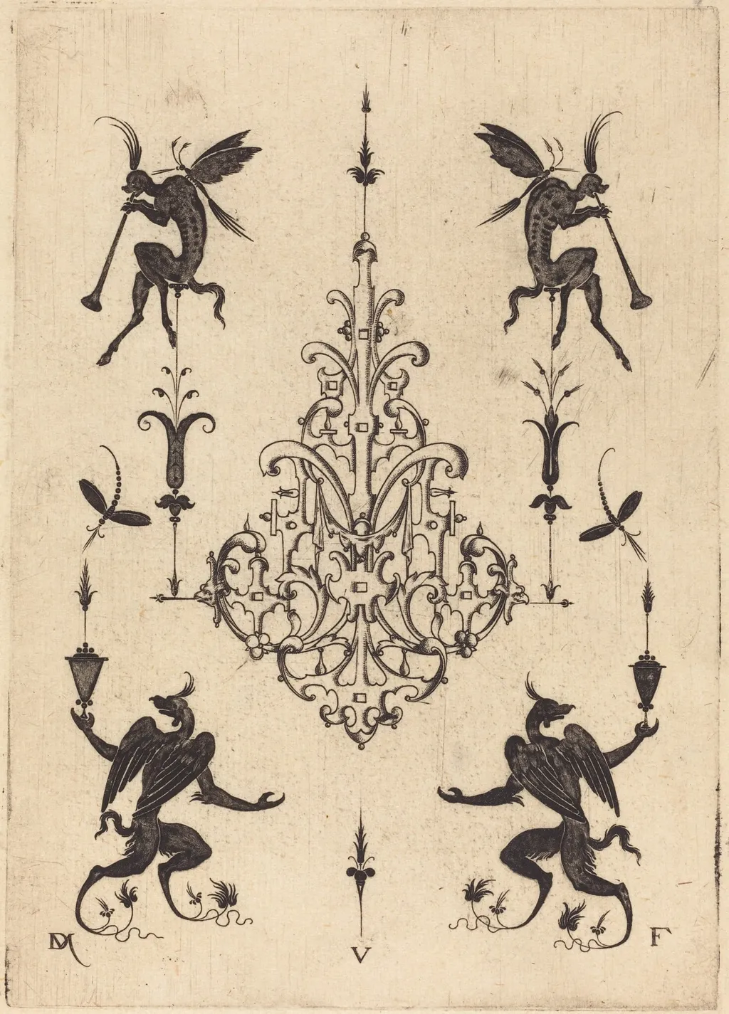 Brooch with Fantasy Creatures Blowing Horns at Top and Winged Griffins at Bottom, by Daniel Mignot, ink, 1596