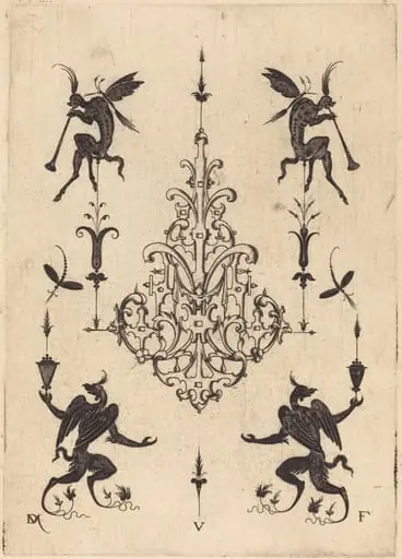 Brooch with Fantasy Creatures Blowing Horns at Top and Winged Griffins at Bottom, by Daniel Mignot