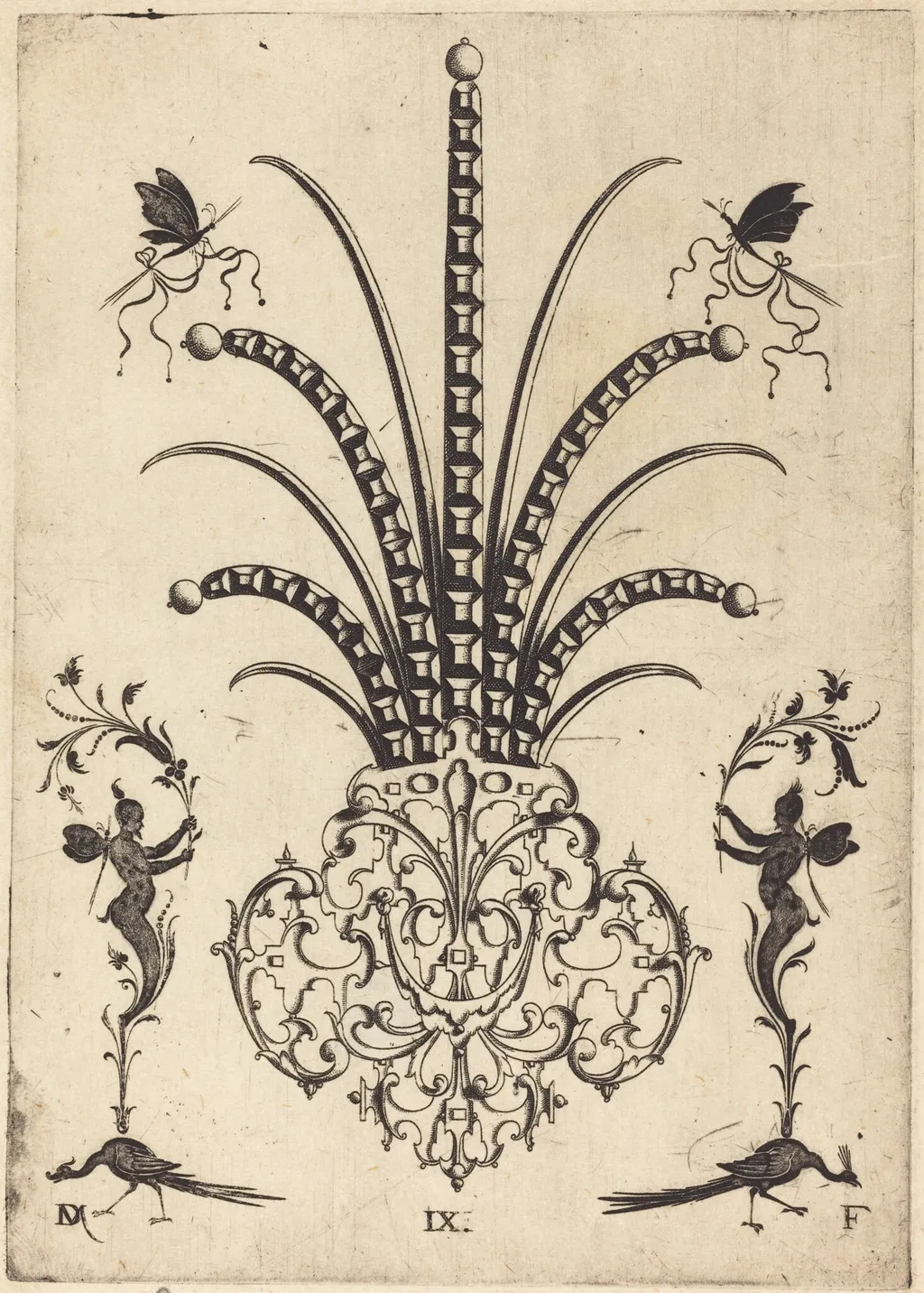 Brooch with Table-Stones, Butterflies at Top, and Peacocks and Hermes at Bottom, by Daniel Mignot, ink, 1596