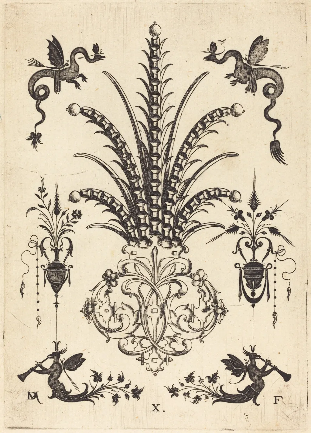 Brooch with Table-Stones, Dragons at Top, andWinged Monsters Blowing Horns at Bottom, by Daniel Mignot, ink, 1596