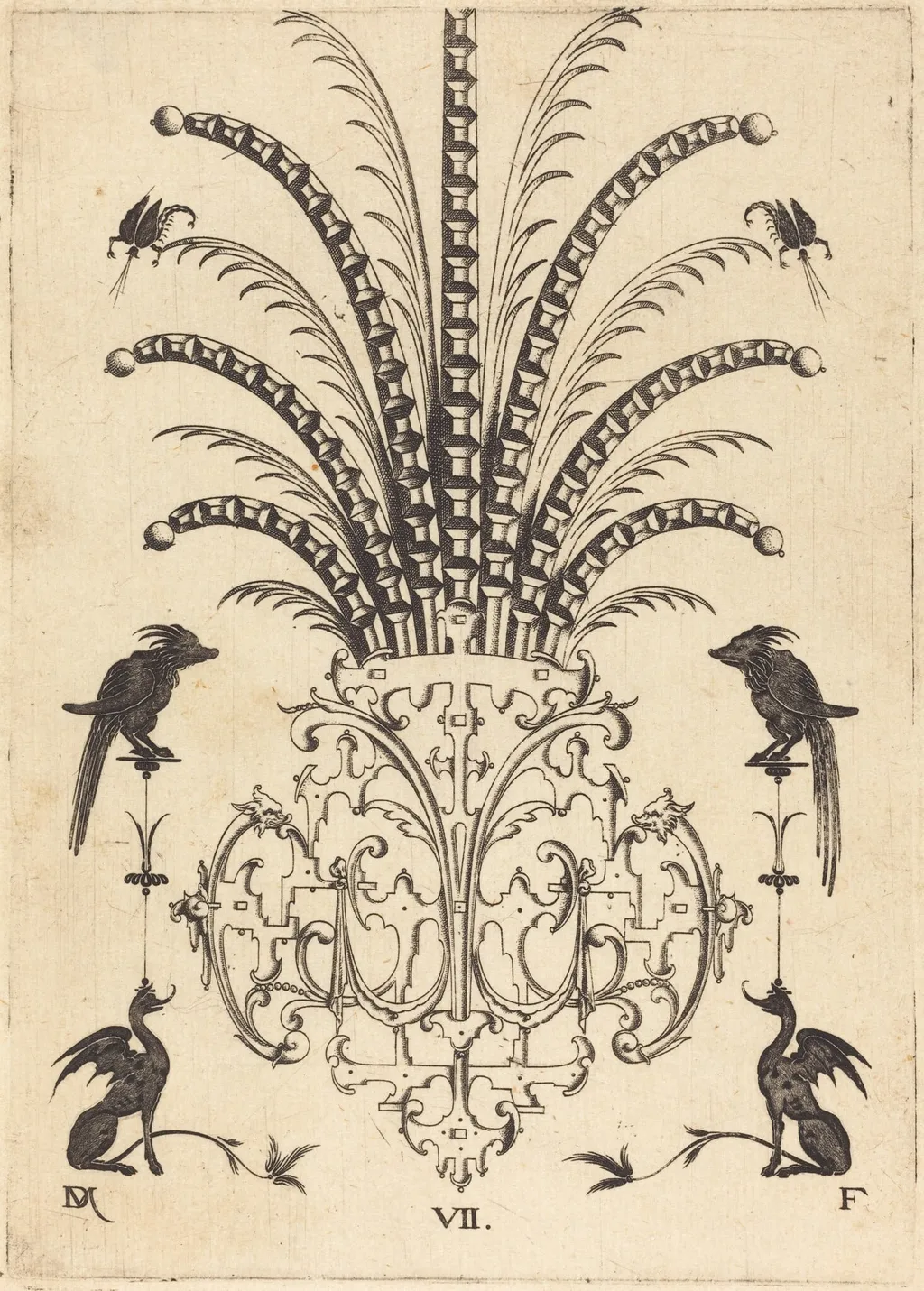 Brooch with Table-Stones, Flying Scorpions at Top, and Dogs at Bottom, by Daniel Mignot, ink, 1596