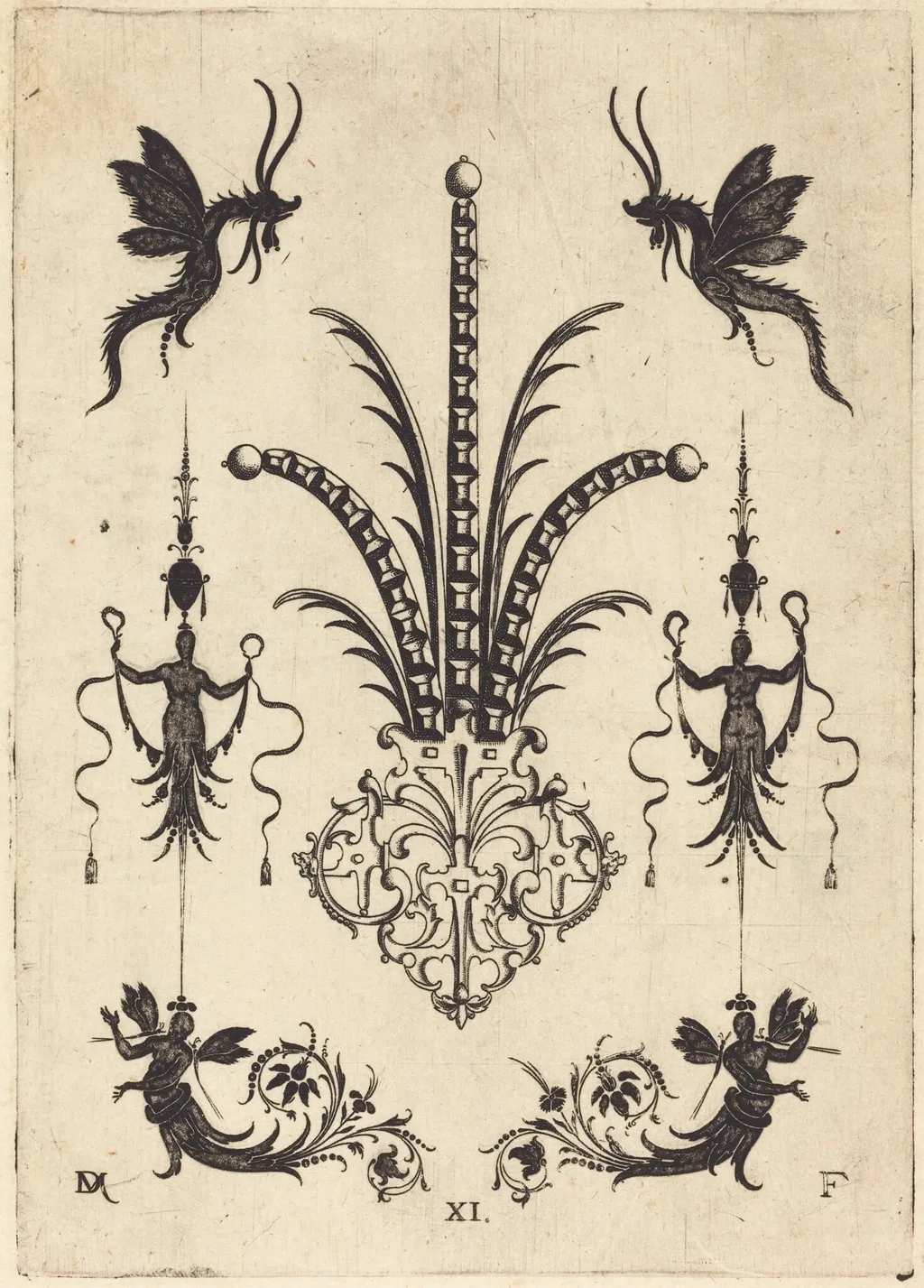 Brooch with Table-Stones, Winged Animals at Top, and Winged Human Beings at Bottom, by Daniel Mignot, ink, 1596