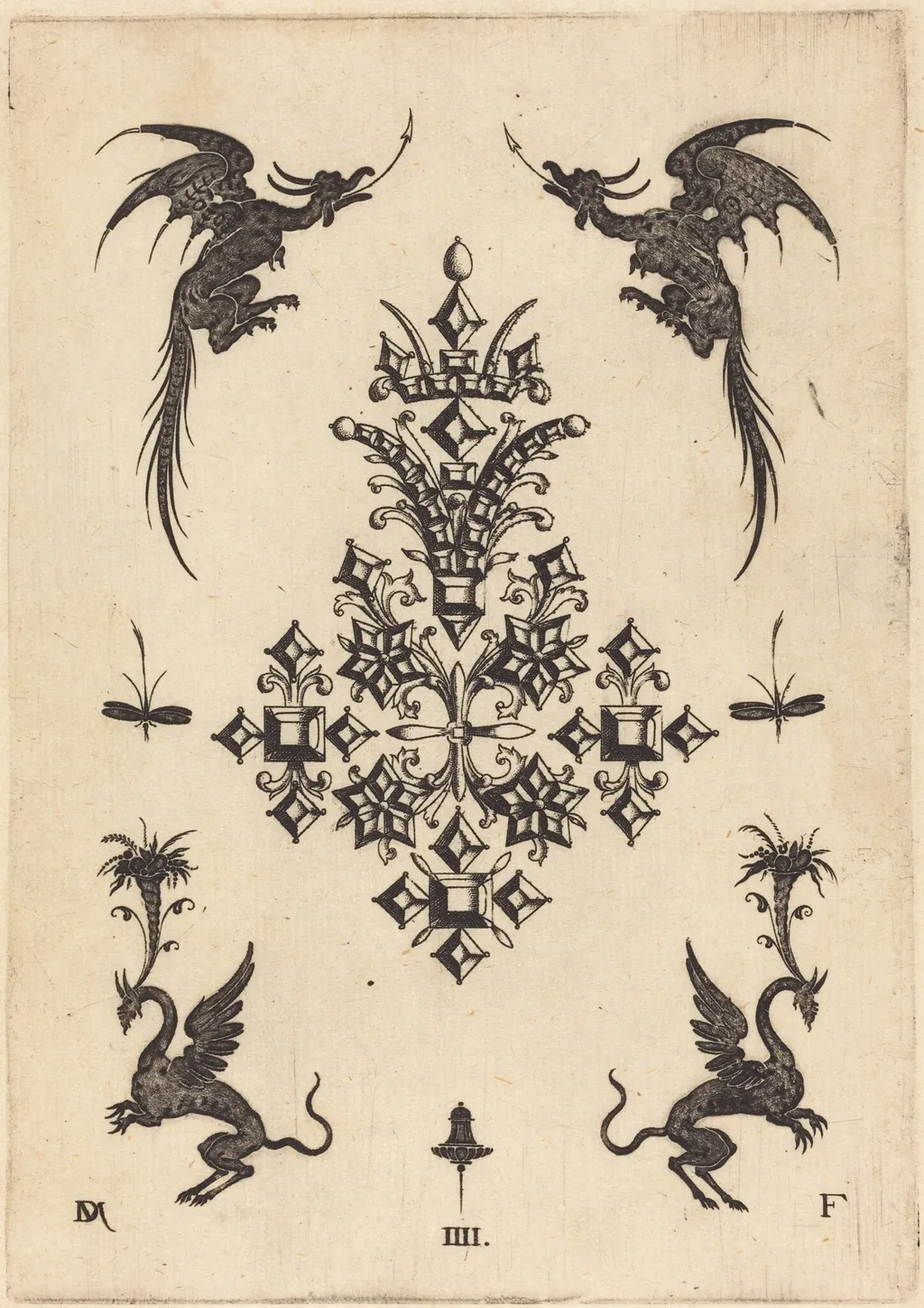 Brooch with Table-Stones, Winged Dragons at Top, and Griffins at Bottom, by Daniel Mignot, ink, 1596