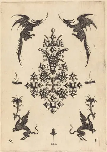 Brooch with Table-Stones, Winged Dragons at Top, and Griffins at Bottom, by Daniel Mignot