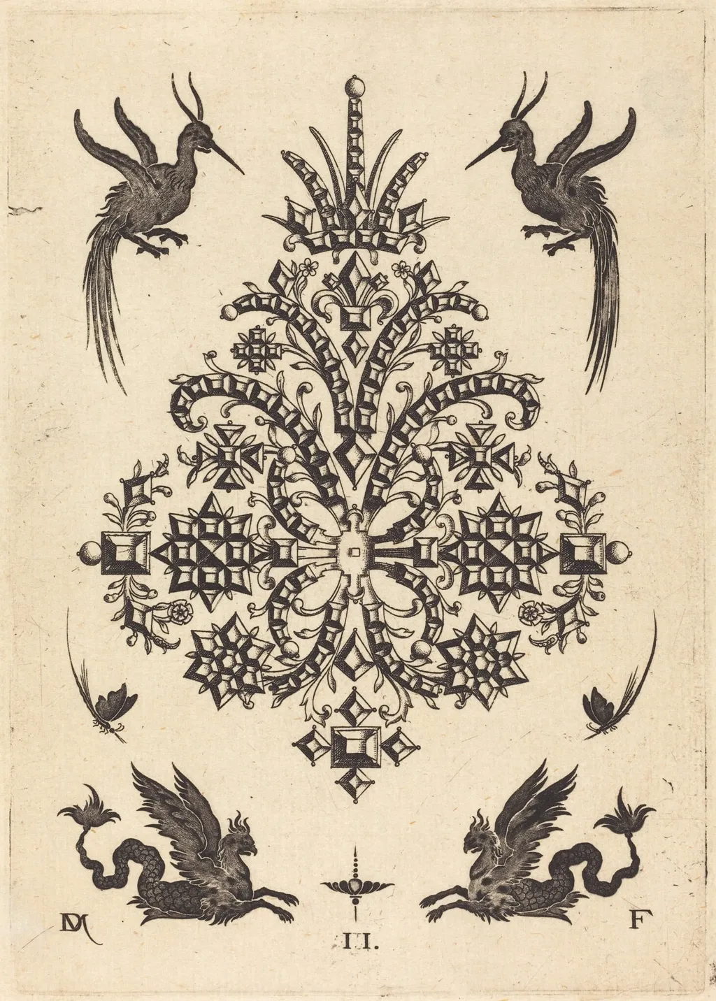 Brooch with Tablestones and Winged Griffins Above and at Bottom, by Daniel Mignot, ink, 1596