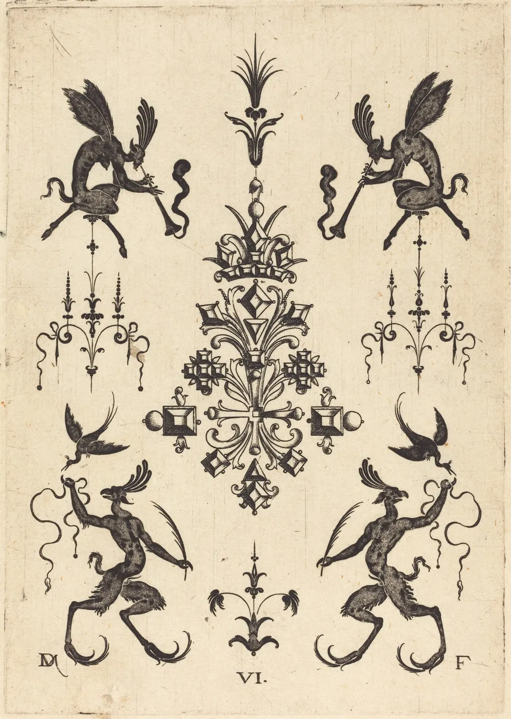 Brooch with Winged Fauns Blowing Trumpets at Top and Fantasy Creatures with Birds at Bottom, by Daniel Mignot, ink, 1596