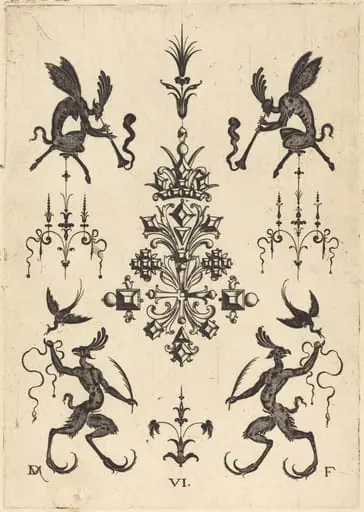 Brooch with Winged Fauns Blowing Trumpets at Top and Fantasy Creatures with Birds at Bottom, by Daniel Mignot