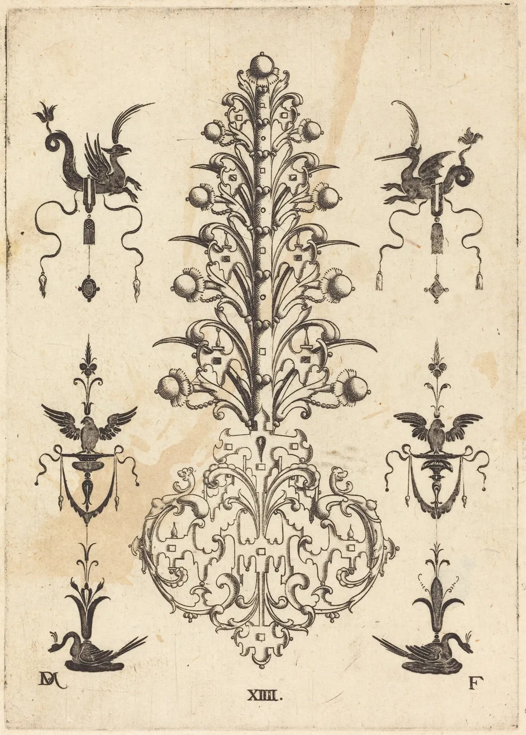 Hyacinth-Shaped Brooch with Winged Animals at Top and Crouching Swans at Bottom, by Daniel Mignot, ink, 1596