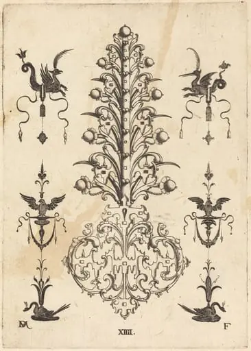 Hyacinth-Shaped Brooch with Winged Animals at Top and Crouching Swans at Bottom, by Daniel Mignot