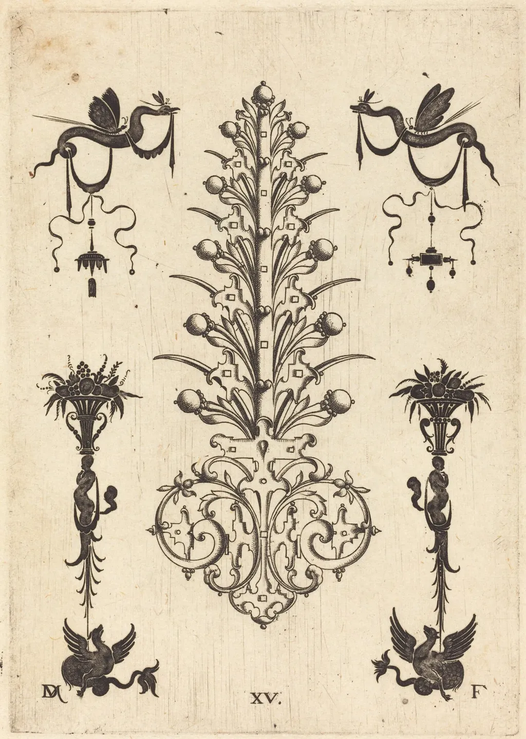Hyacinth-Shaped Brooch with Winged Snakes at Top and Winged Animals at Bottom, by Daniel Mignot, ink, 1596