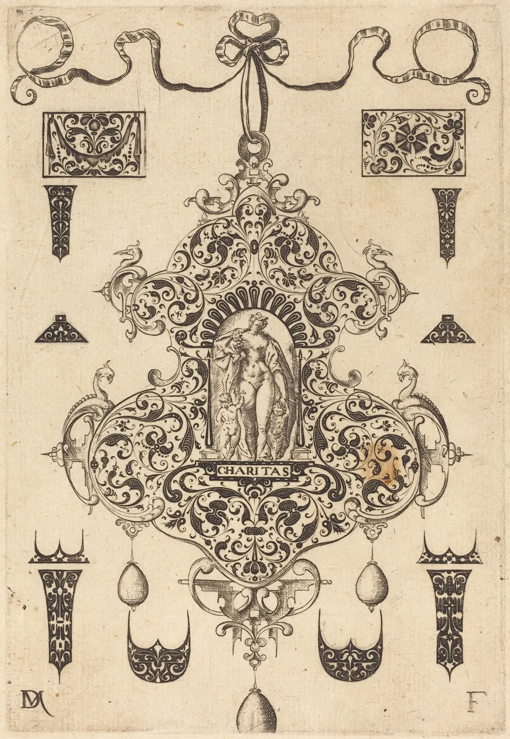 Large Pendant, Charity Standing at Centre, by Daniel Mignot, ink, 1593