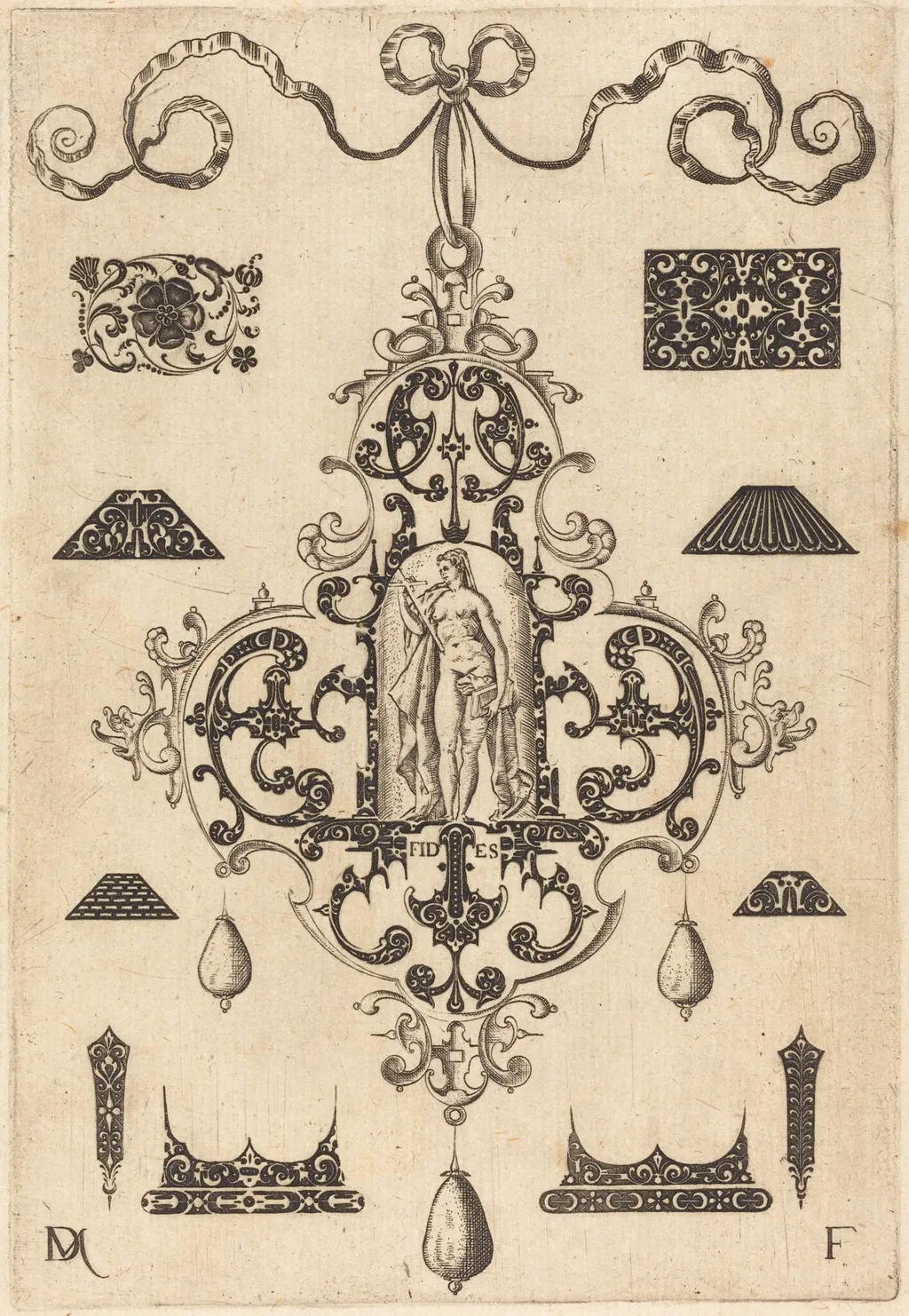 Large Pendant, Faith Standing at Centre, by Daniel Mignot, ink, 1593
