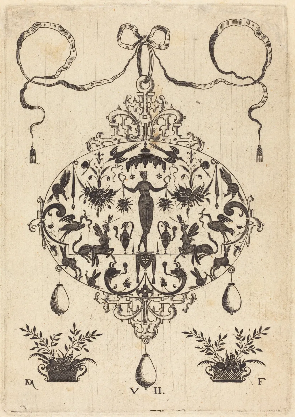 Large Pendant, Flora Standing, Holding a Fruit Garland, by Daniel Mignot, ink, 1596