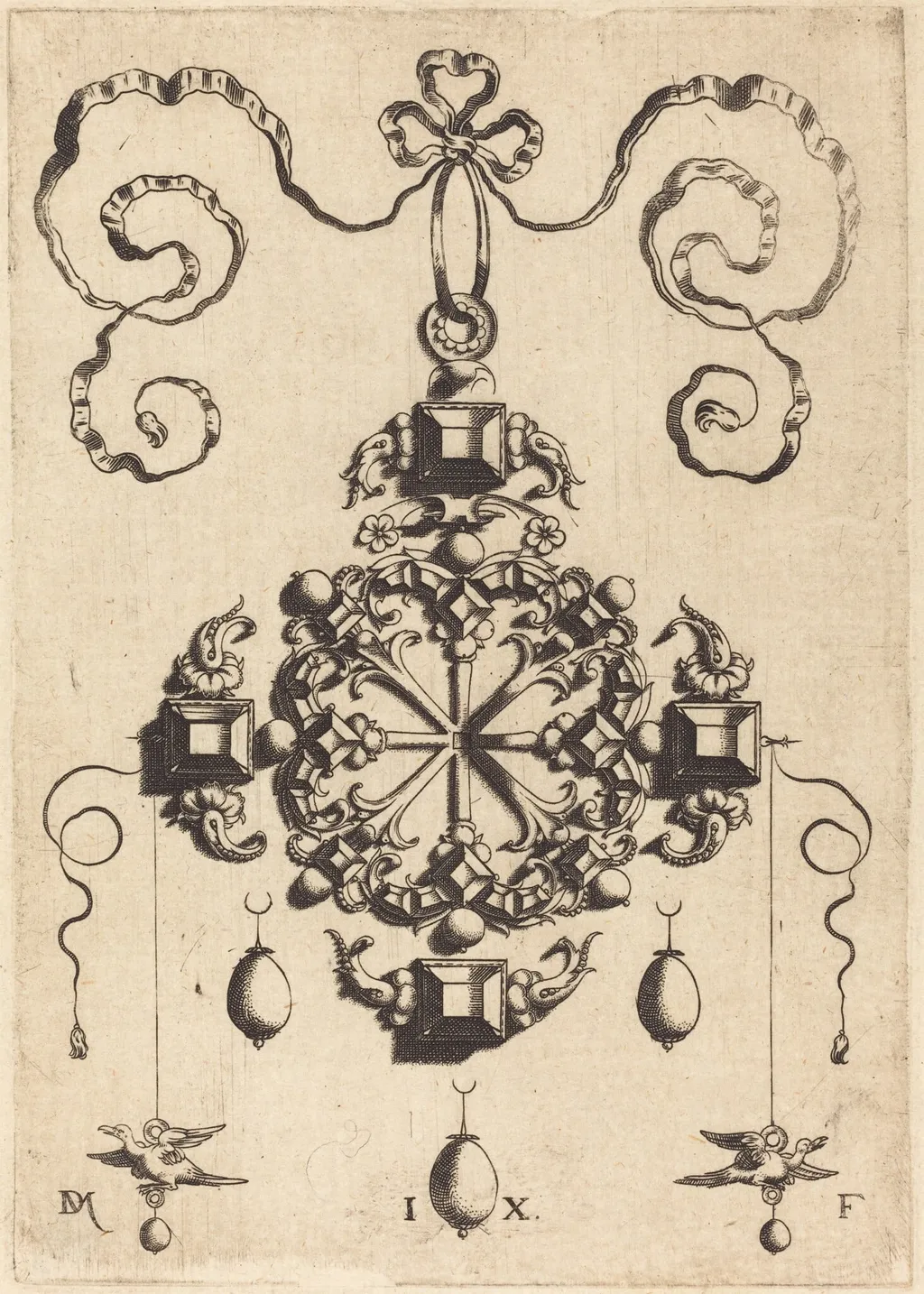 Large Pendant in the Form of a Wheel, by Daniel Mignot, ink, 1584