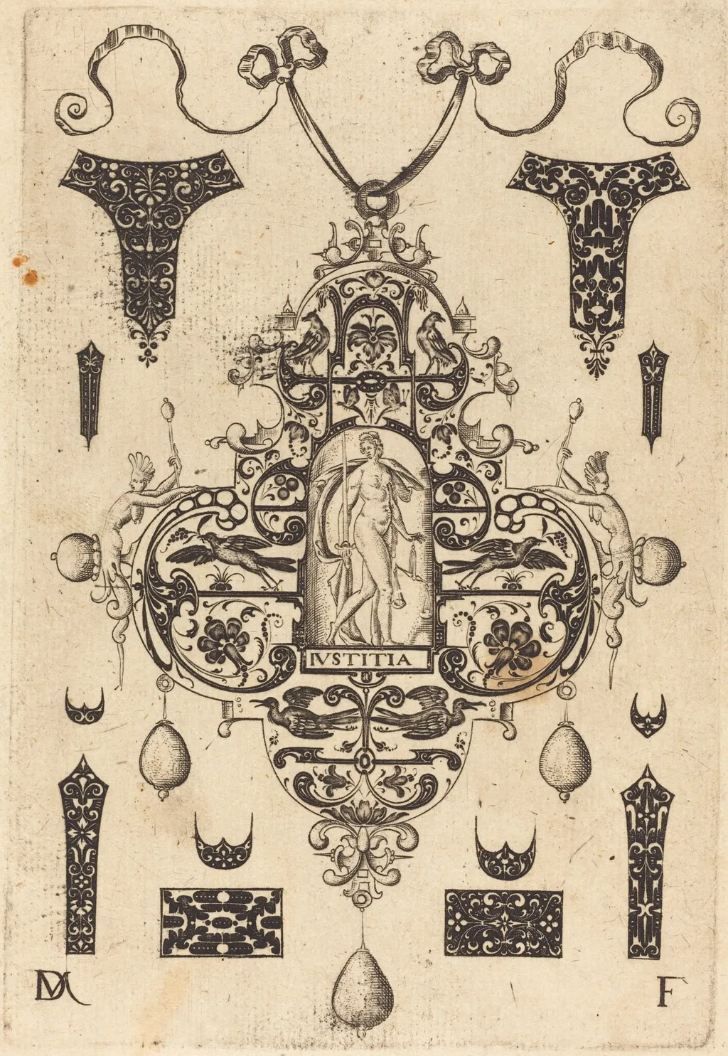 Large Pendant, Justice Standing at Centre, by Daniel Mignot, ink, 1593