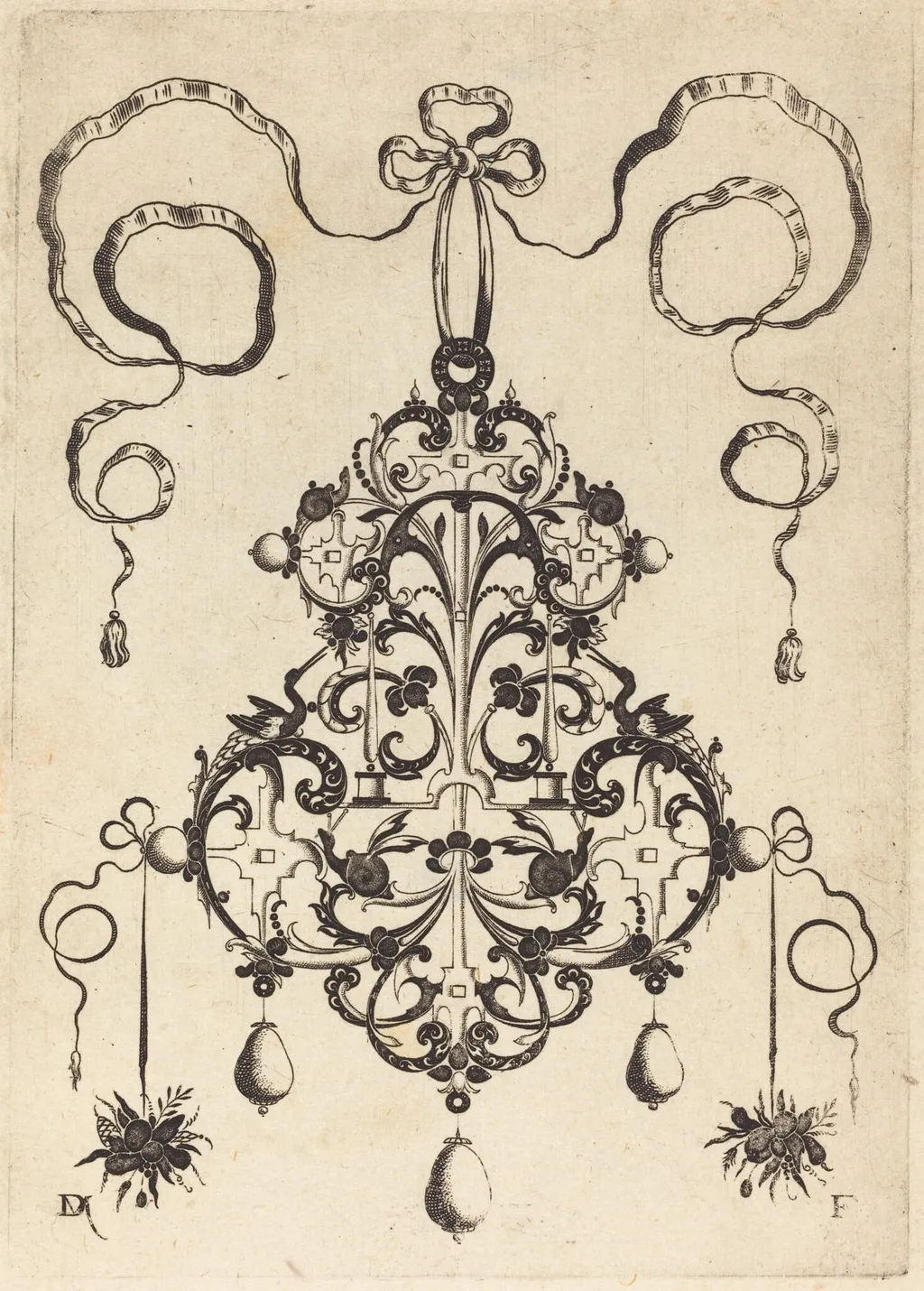 Large Pendant, Lower Left and Right Two Bunches of Grass and Fruit, by Daniel Mignot, ink, 1596