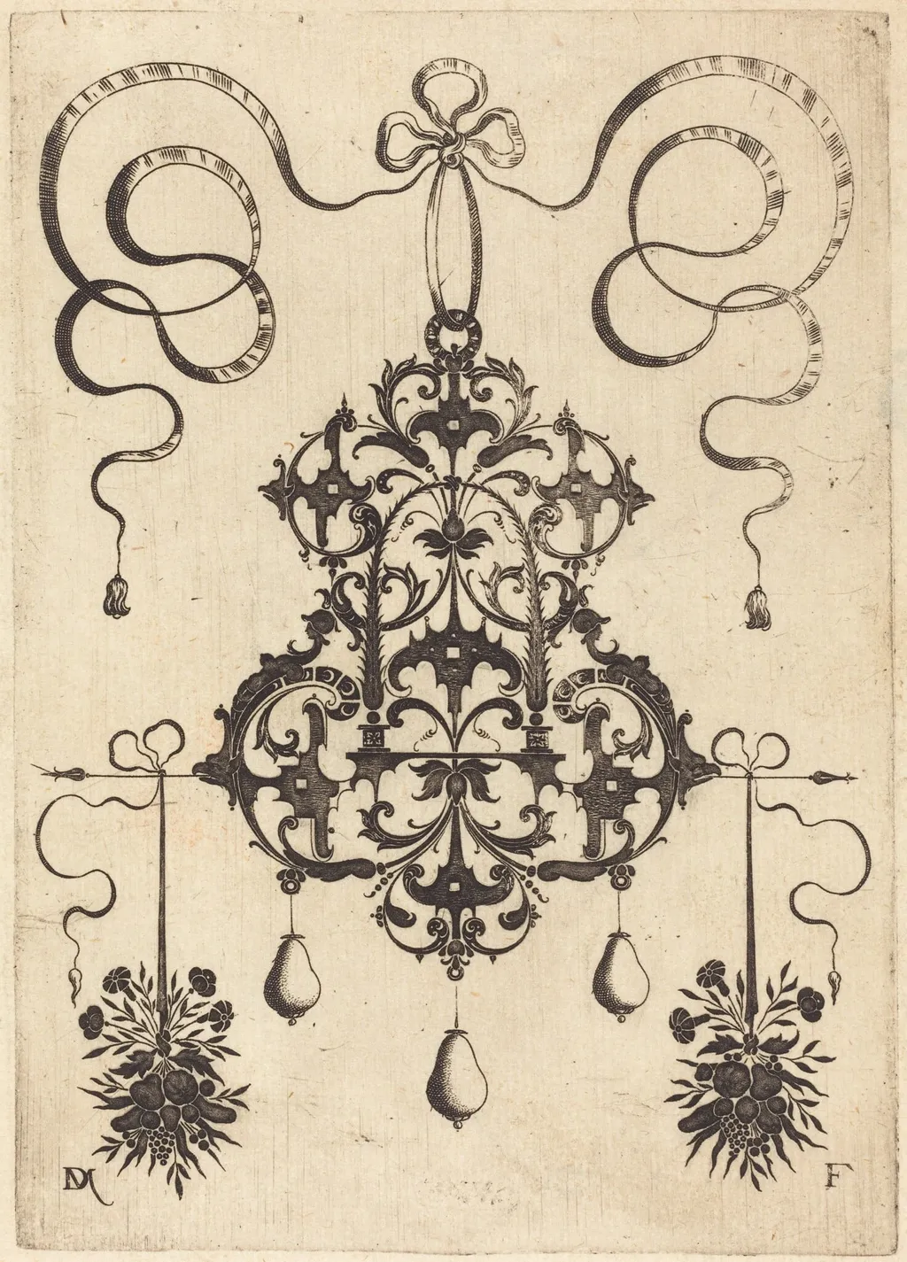 Large Pendant, Lower Left and Right Two Bunches of Grass, Flowers, and Fruit, by Daniel Mignot, ink, 1596