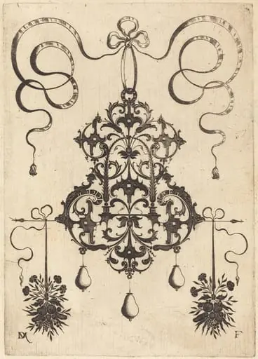 Large Pendant, Lower Left and Right Two Bunches of Grass, Flowers, and Fruit, by Daniel Mignot