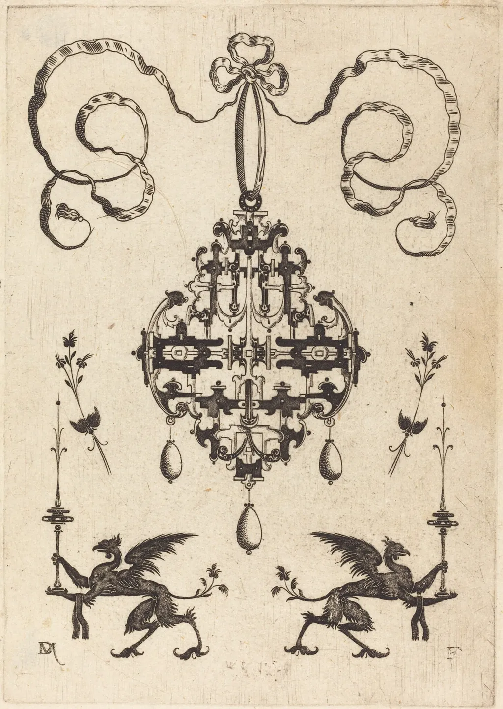 Large Pendant, Lower Left and Right Two Griffins Carrying Fantasy Candlesticks, by Daniel Mignot, ink, 1596