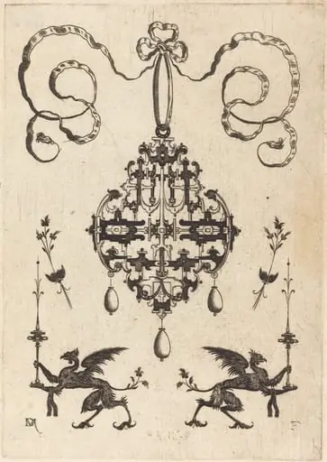 Large Pendant, Lower Left and Right Two Griffins Carrying Fantasy Candlesticks, by Daniel Mignot