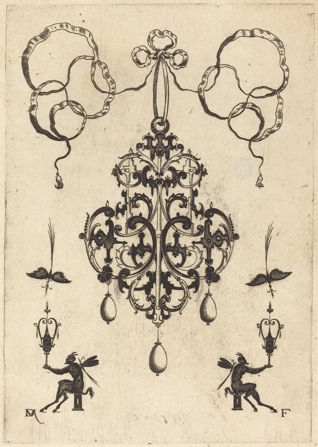 Large Pendant, Lower Left and Right Two Winged "Devils" Sitting on Pedestals, by Daniel Mignot, ink, 1596