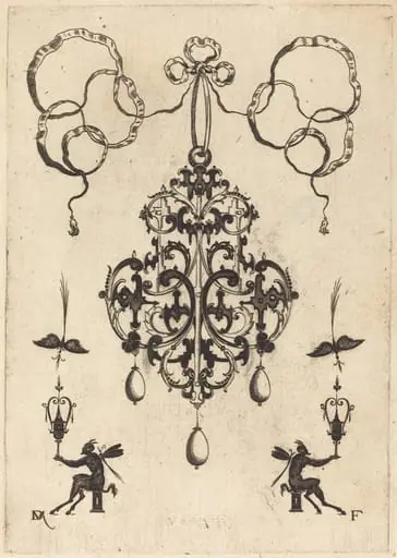 Large Pendant, Lower Left and Right Two Winged "Devils" Sitting on Pedestals, by Daniel Mignot