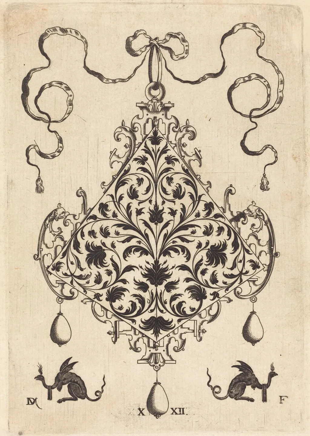 Large Pendant, Ornamental Foliage Design, by Daniel Mignot, ink, 1596