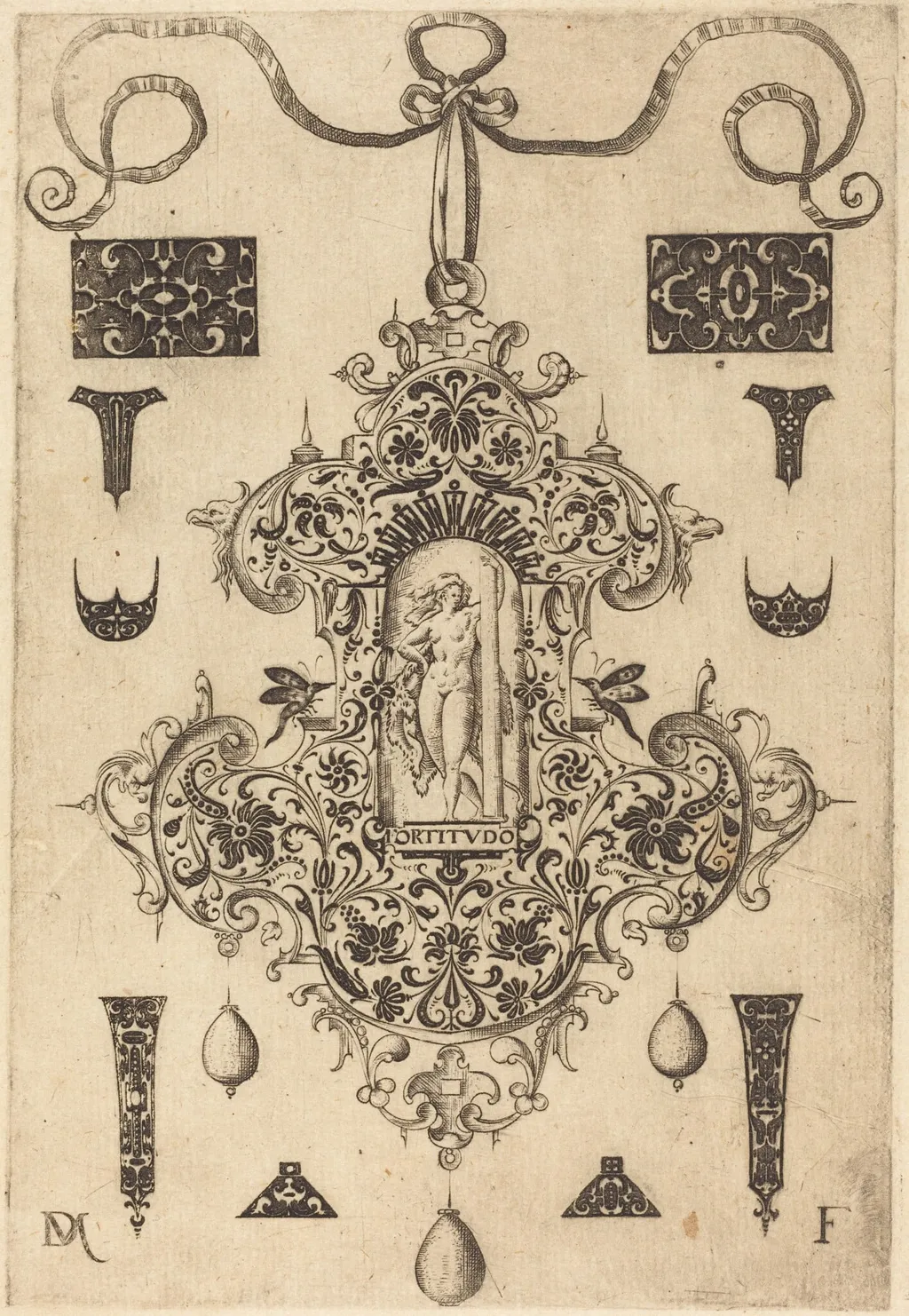 Large Pendant, Strength Standing at Centre, by Daniel Mignot, ink, 1593
