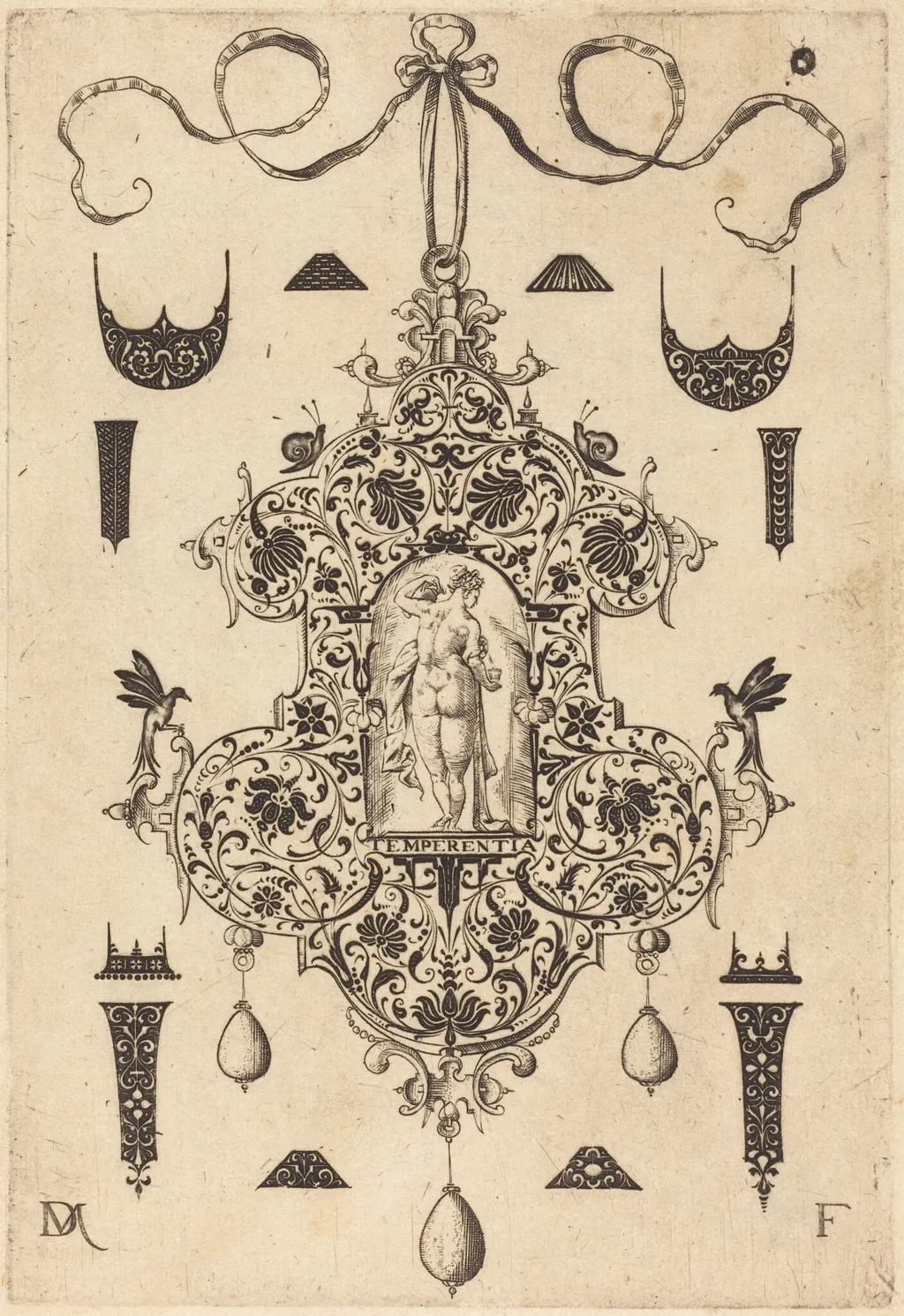 Large Pendant, Temperance Standing at Centre, by Daniel Mignot, ink, 1593