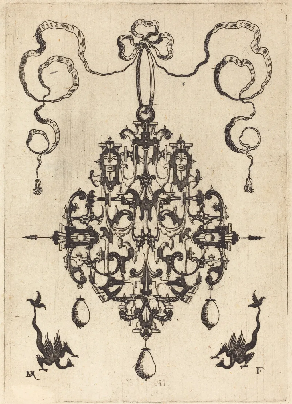 Large Pendant, Two Fantasy Creatures with Long Tails at Bottom, by Daniel Mignot, ink, 1596