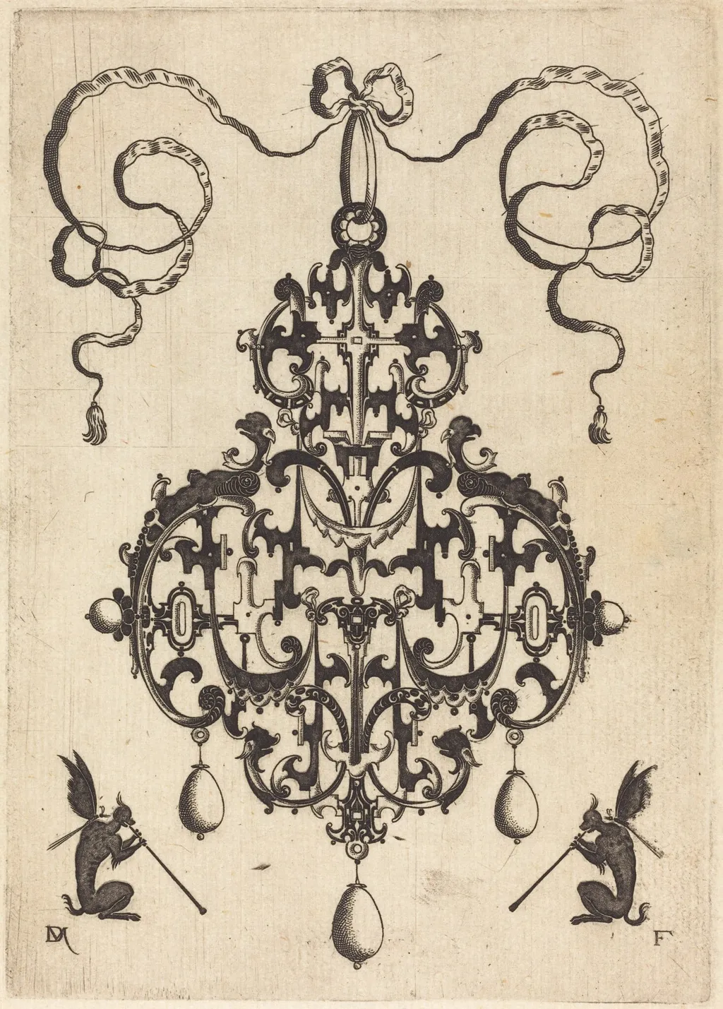 Large Pendant, Two Winged Fantasy Creatures with Trumpets at Bottom, by Daniel Mignot, ink, 1596
