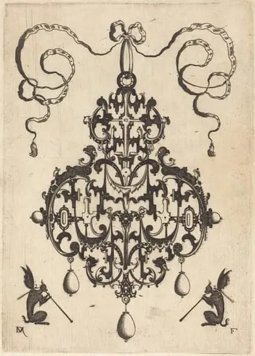 Large Pendant, Two Winged Fantasy Creatures with Trumpets at Bottom, by Daniel Mignot