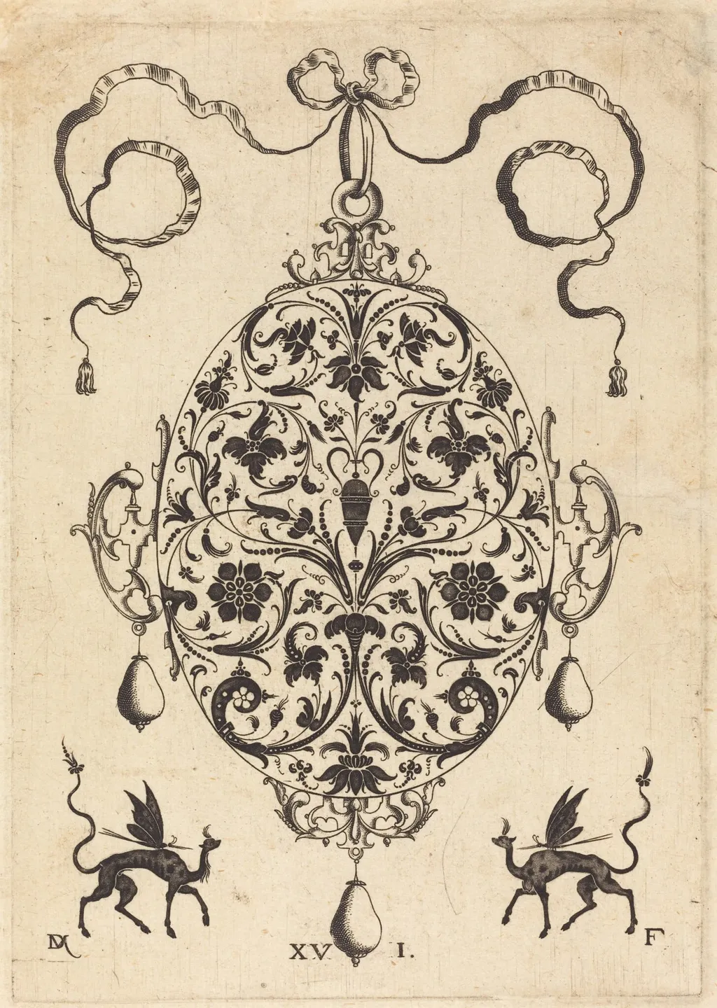 Large Pendant, Upright Oval with Floral Ornament, by Daniel Mignot, ink, 1596