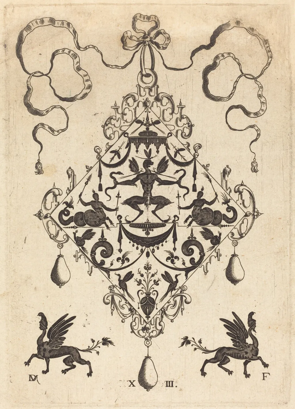 Large Pendant, Winged Fantasy Creature Holding Two Snakes, by Daniel Mignot, ink, 1596