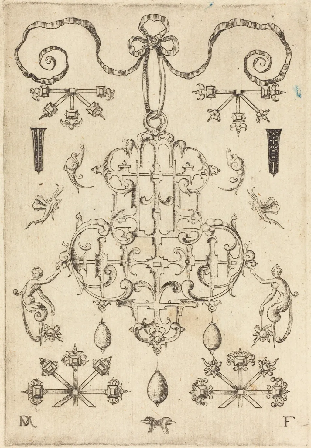 Large Pendant with Three Drops Below, by Daniel Mignot, ink, 1593