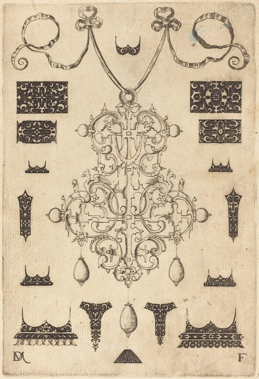 Large Pendant with Three Drops Below, Surrounded by Fifteen Different Studs, by Daniel Mignot, ink, 1593
