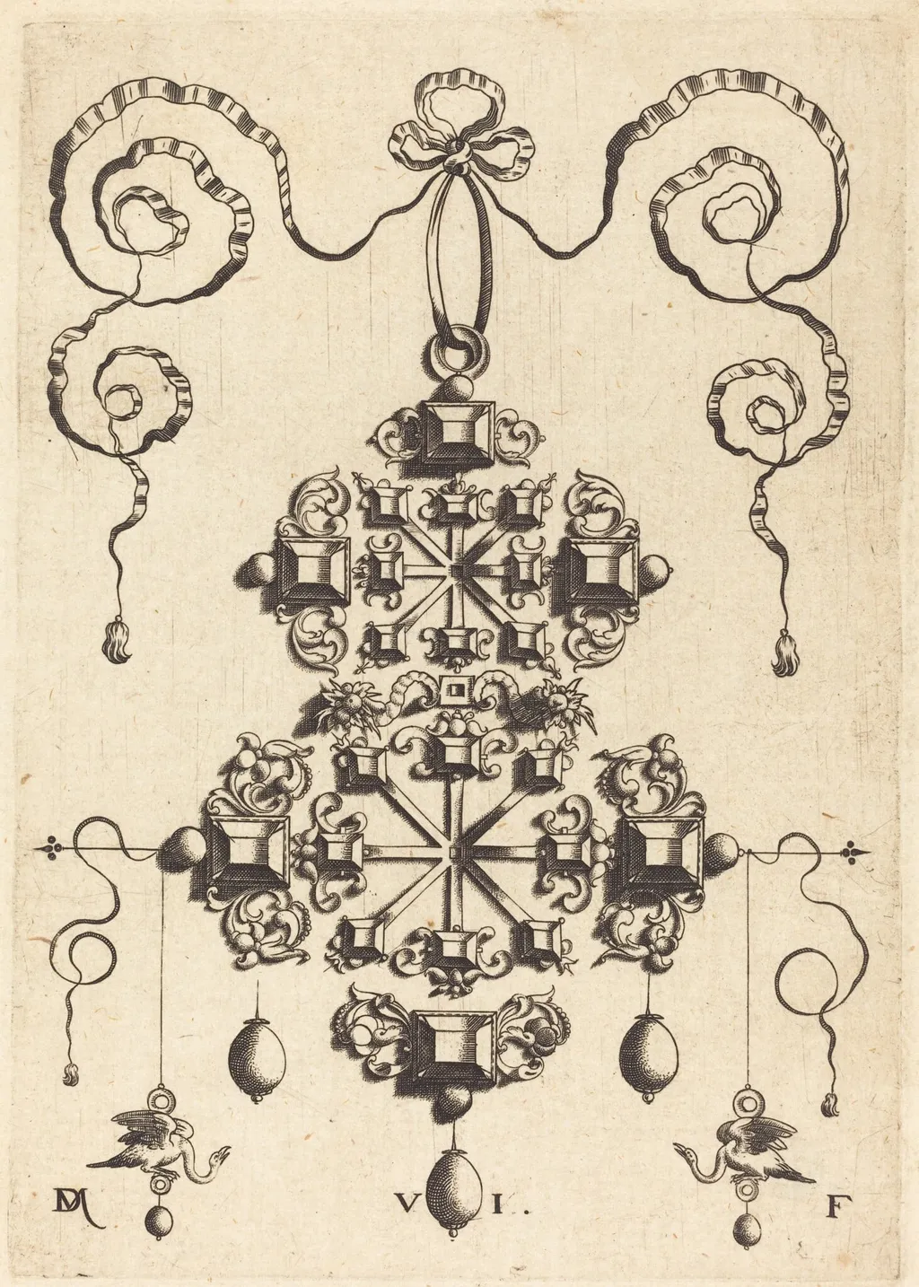 Large Pendant with Two Double Crosses, Surrounded by Six Large and Sixteen Small Table-Stones, by Daniel Mignot, ink, 1584