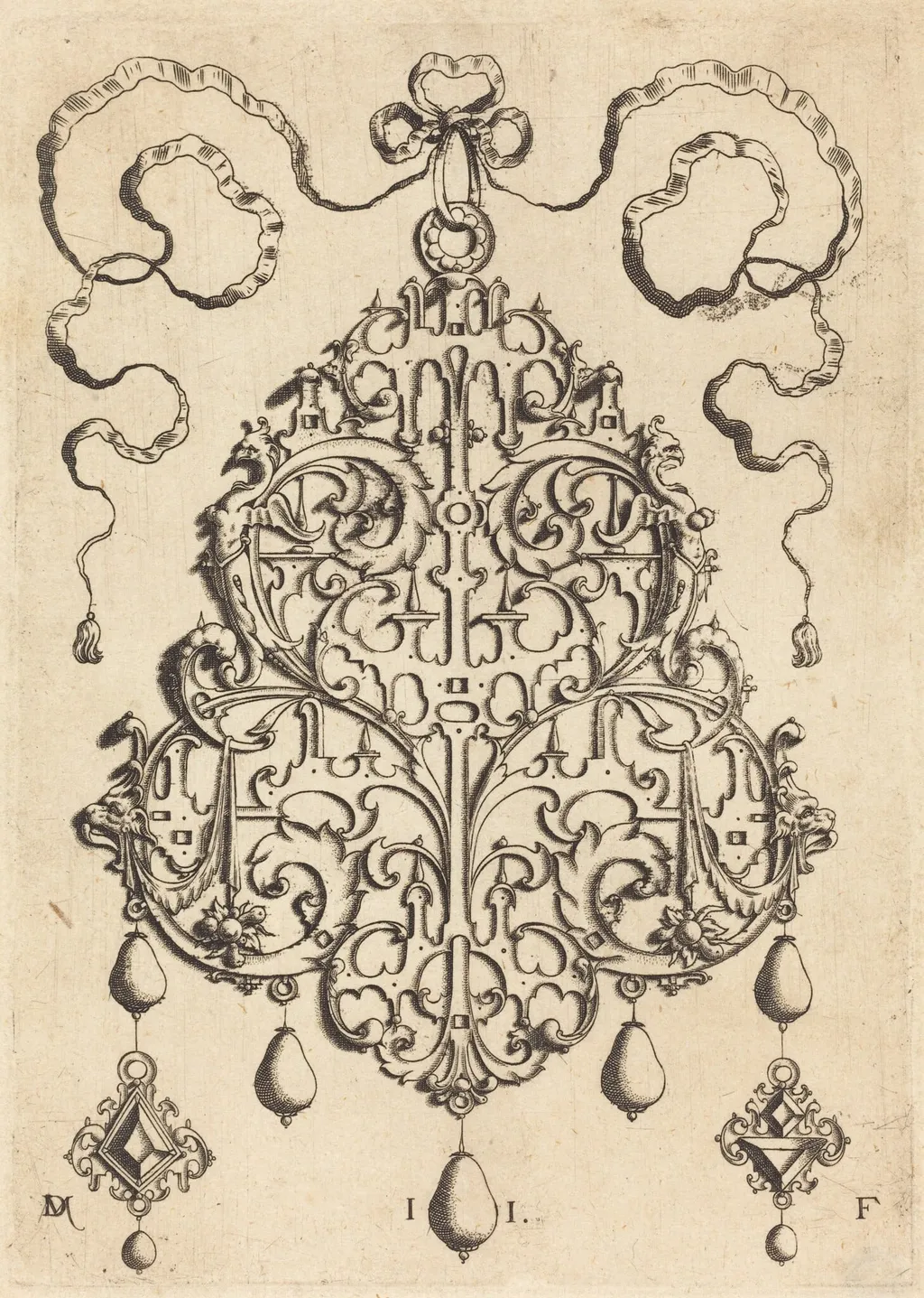 Large Strapwork Pendant with Two Hangers as Earrings at Left and Right, by Daniel Mignot, ink, 1584
