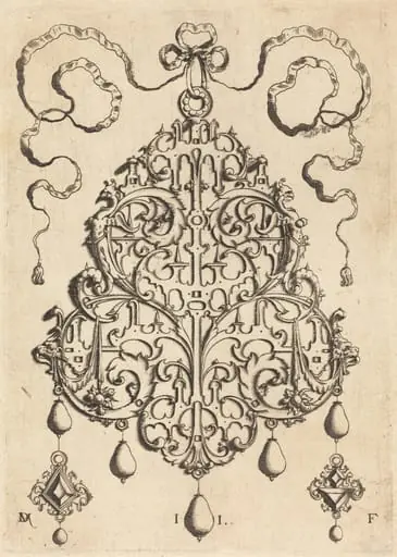 Large Strapwork Pendant with Two Hangers as Earrings at Left and Right, by Daniel Mignot